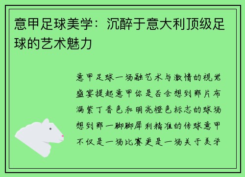 意甲足球美学：沉醉于意大利顶级足球的艺术魅力